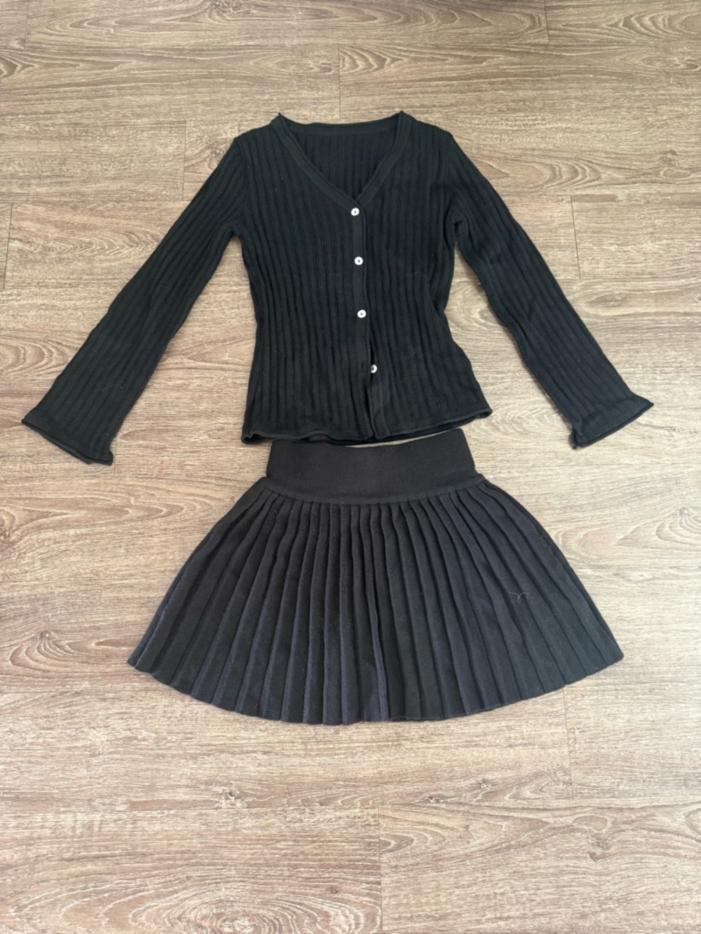 Black Ribbed Button Cardigan and Pleated Skirt Set